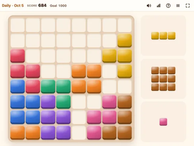 Daily Block Puzzle board with today's pieces and the 1000-point goal