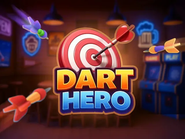 Dart Hero logo with a dart in a red and white target inside a neon-lit arcade room