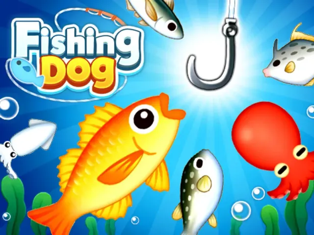Fishing Dog logo with a hook above a goldfish, pufferfish, squid and red octopus underwater