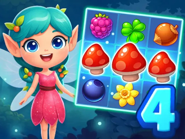 Forest Match 4 art with a smiling fairy beside a board of mushrooms, berries, a clover and a flower