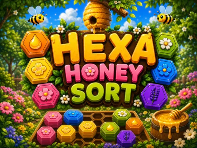 Hexa Honey Sort title art with colorful hexagon tiles, a beehive and a honey pot