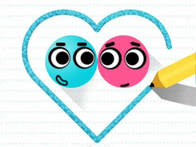 Love Balls 2D level with a drawn line guiding two balls together