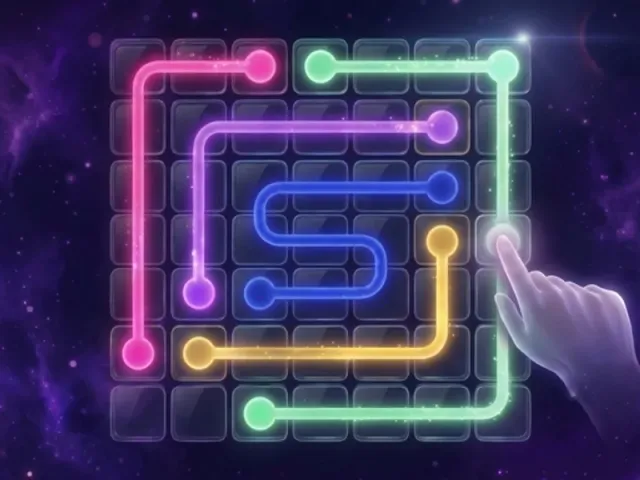 Lumina Paths puzzle grid with glowing neon lines connecting colored dots
