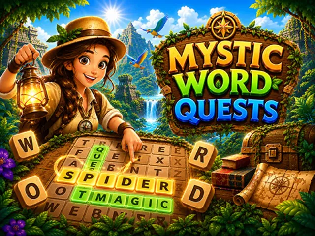 Mystic Word Quests title art with an explorer and a board of wooden letter tiles