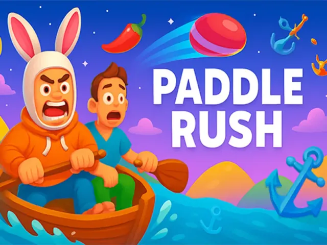 Paddle Rush title art with two cartoon rowers in a wooden boat, a chili pepper and an anchor