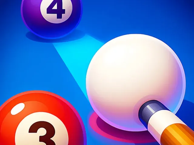 Pool Master close-up of a cue striking the white ball toward the 3 and 4 balls on a blue table