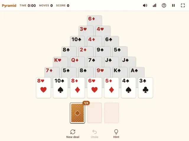 Pyramid Solitaire layout of 28 cards in seven rows above the stock
