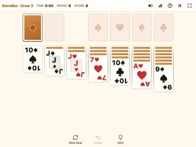 Solitaire Turn 3 Klondike table freshly dealt, with the Draw 3 label and full stock