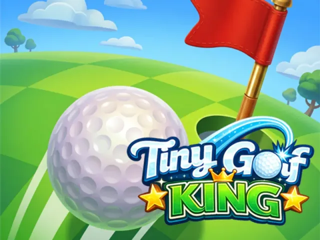 Tiny Golf King logo with a golf ball rolling toward a hole and a red flag on a green course