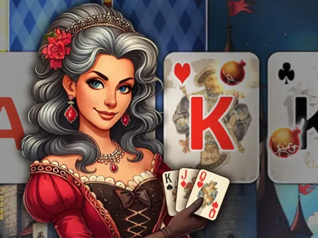Tri Towers Classic Solitaire art with a smiling queen holding playing cards beside large King cards